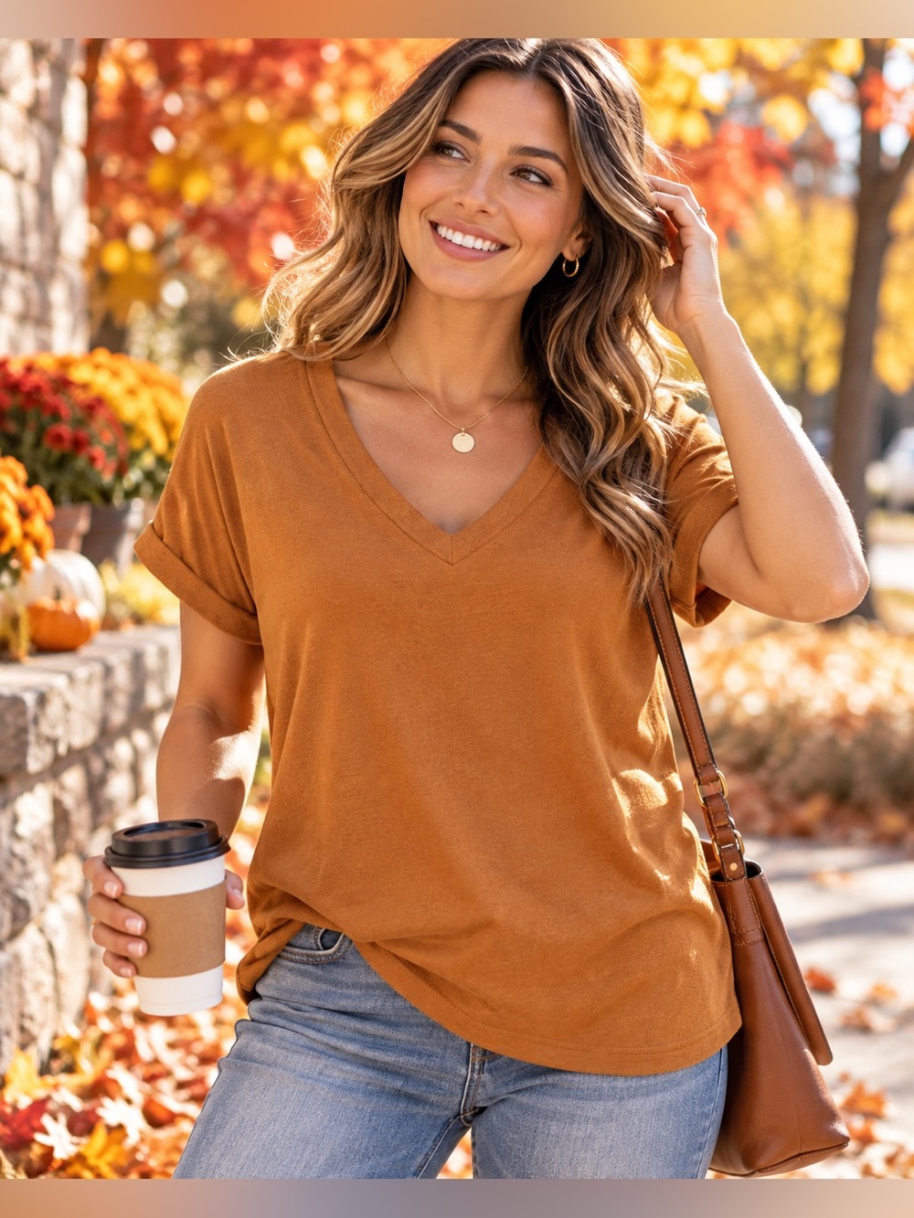 MOD REF Women’s V-Neck Relaxed Tee Camel Brown - size medium